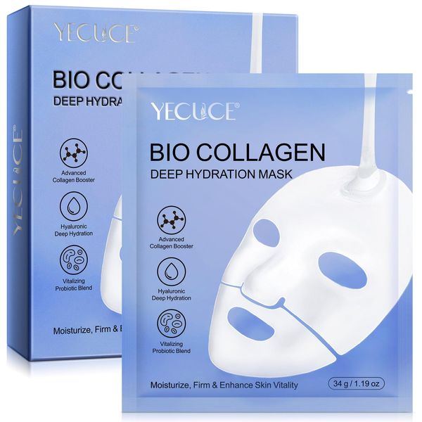 Bio Collagen Deep Hydration Mask, Intensive Feuchtigkeitszufuhr, Kollagen Boost Maske, Verbessert die Elastizität, Anti-Aging und Verjüngung Tuchmaske, Reduziert feine Linien und Falten, 6 Stück