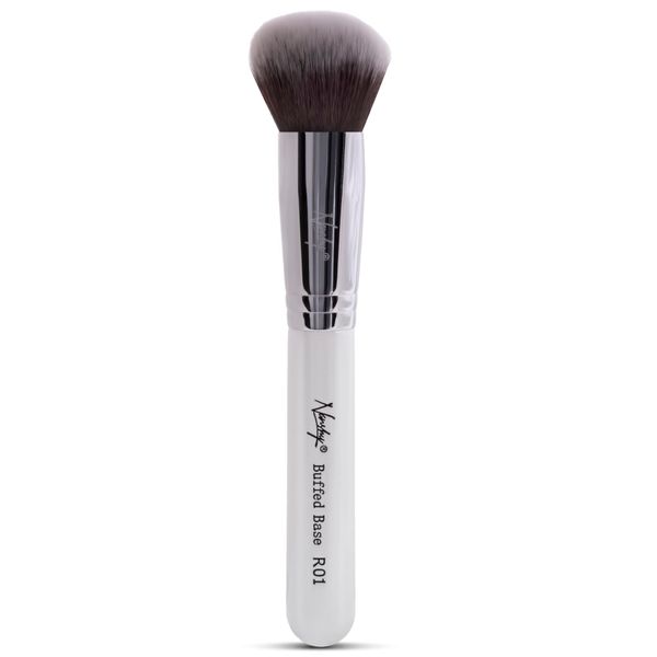 Nanshy Kabuki Foundation Brush for Liquid Makeup - Round Buffer Brush - Buffed Base R01 - Expert face for Buffing & Blending - (White/Chrome, Full Size)