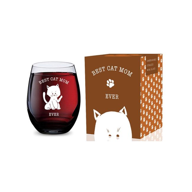 GSM Brands Stemless Wine Glass (Best Cat Mom Ever) Made of Unbreakable Tritan Plastic and Dishwasher Safe - 16 ounces