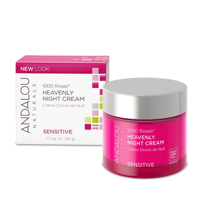 Andalou Naturals Heavenly Night Cream 1000 Roses, Sensitive Skin Moisturizer for Face, Enriched with Hyaluronic Acid & Aloe Vera, 1.7 Ounce