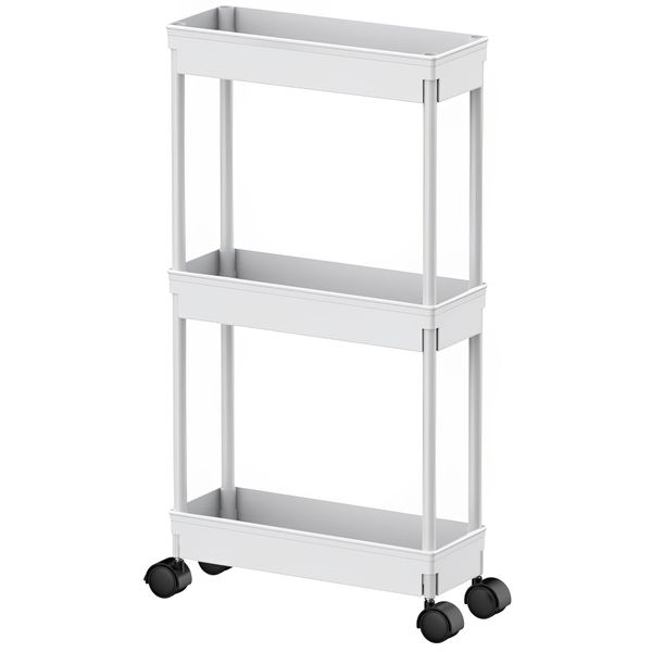 Sooyee 3 Tier Rolling Cart with Wheels,Slim Storage Cart,Narrow Storage Cabinet,Under Desk Storage,Rolling Utility Cart Storage Organizer for Office Bathroom Kitchen Laundry Room Narrow Places, White