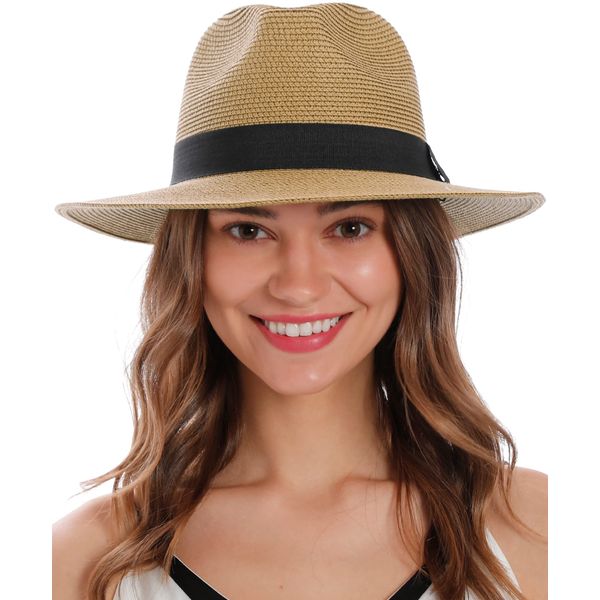 Simplicity Beach Hats for Women Fedora Hats Women Sun Hat Men Straw Hat with Chin Strap Cute Panama Sun Hat,Light Brown/Black Thread Belt