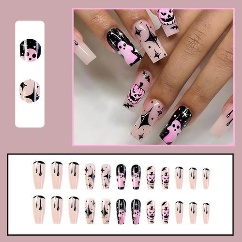 Ceboic 24 Pezzi Halloween Unghie Finte Lunghe, Bara Francese Stampa Sulle Unghie Zucca Diavolo Disegno Press on Nails, Acrilico Copertura Completa Unghie Finte per Donne e Ragazze