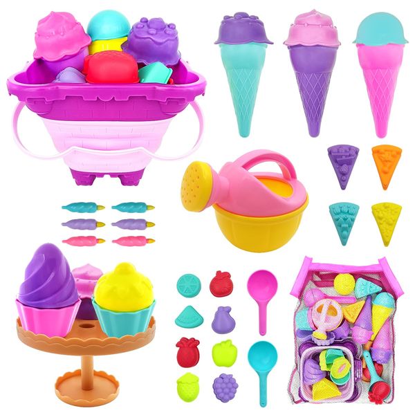 BAYMI Beach Toys for Kids Ages 4-8, 37 Pcs Sand Toys with Collapsible Bucket, Mesh Bag, Unique Ice Cream Sandbox Toys Girls,Travel Beach Toys for Toddlers