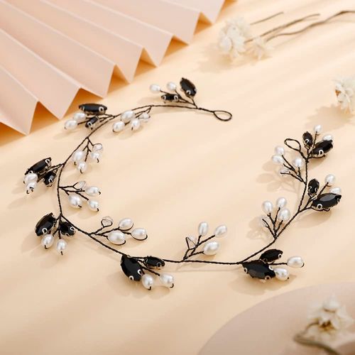 Teyglen Bridal Black Crystal Hair Vine Wedding Rhinestone Pearl Headband Hair Vine Handmade Black Crystal Hair Pieces Headpieces Wedding Hair Accessories for Women Girl (Black)