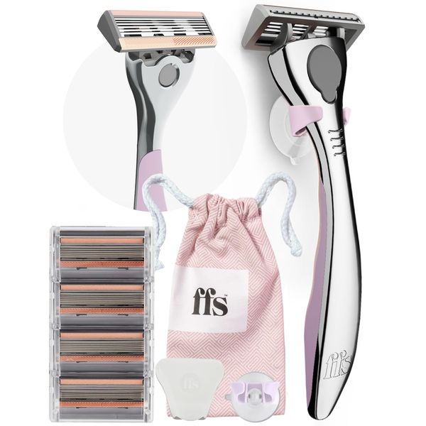 Womens Razors Set - 1x Metal Shaving Razor Handle, 1x Razor Holder for Shower, 4x 6-Blade Diamond-Coated Refills w/Vitamin E Strip, 1x Travel Pouch - FFS Beauty Lady Razors for Women, Blossom