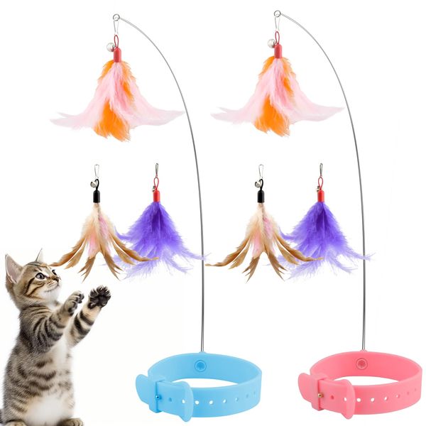 KALAMANDA Cat Collar Toy with Long Metal Rod, Upgraded Cat Feather Neck Collar Toy with 6 Replacement Refills, Interactive Self Playing Toys with Bell for Indoor Kittens Small Animals, Pink/Blue