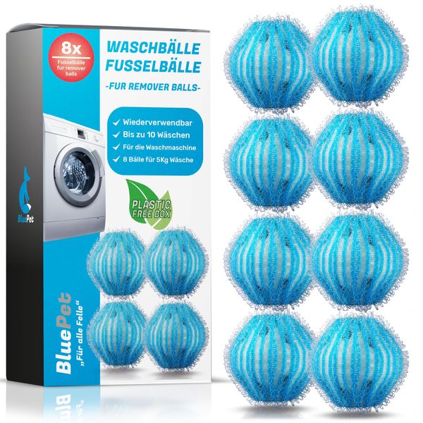 BluePet 8 Fusselbälle für die Waschmaschine - Entfernt Tierhaare, Fusseln & Flusen, Haarfänger für Wäschetrockner - Wiederverwendbare Flusenkugeln - Auch als Tierhaarentferner & Trocknerbälle