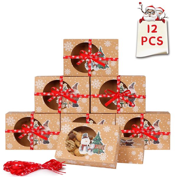 OurWarm 12 Packs Christmas Cookie Boxes with Window, Food Grade Kraft Bakery Boxes with Oilpaper and Ribbons, Cupcake Boxes for Holiday Gift Giving, Christmas Party Favors, Fits 12 Cookies or Cakes