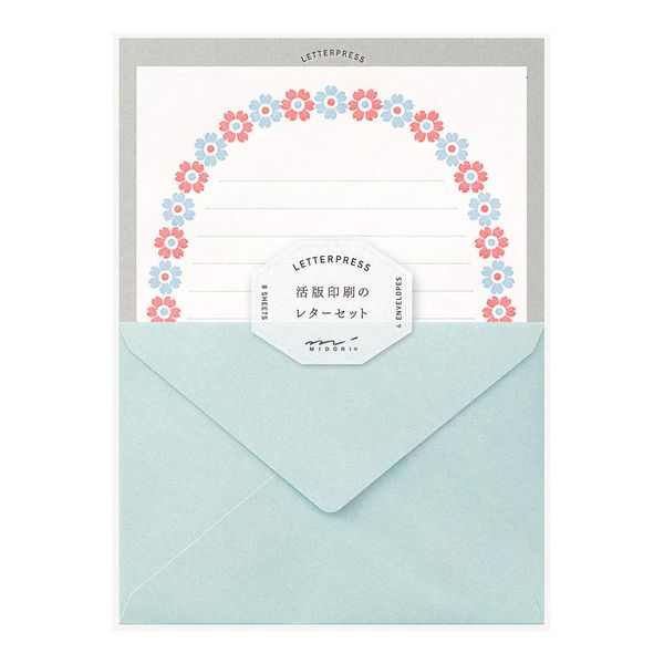 Midori Letter Set 478 Letterpress Floral Frame Pattern Light Blue 86478006