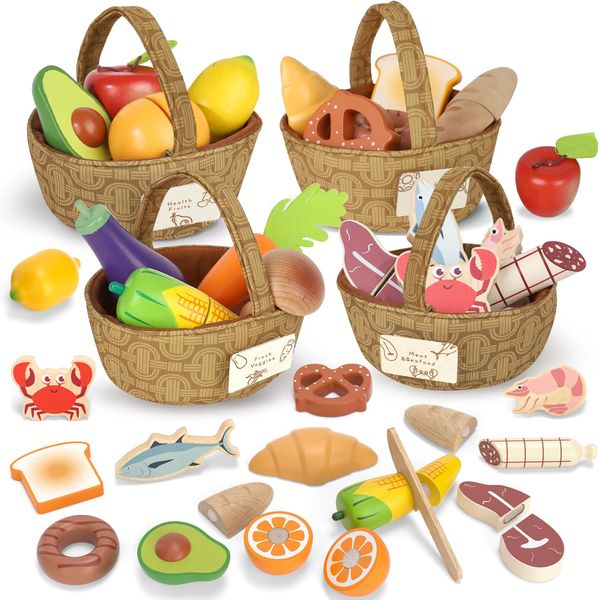 Lehoo Castle Wooden Play Food, Toy Food for 3 Year Old Girl Gifts, Food Groups with 4 Fabric Baskets, Toy Food Set for Kids Kitchen, Play Kitchen Accessories for Boy or Girl 3+