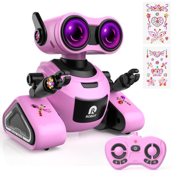 Yerloa Girls Robot Toys with 3D Stickers for 3-5, Baby Easter Toys Remote Control Robot Toy for Kids with Music and 4 Color LED Eyes, Singing, Dancing, Birthday for Boys Girls Aged 3 4 5 6 7 Year Old