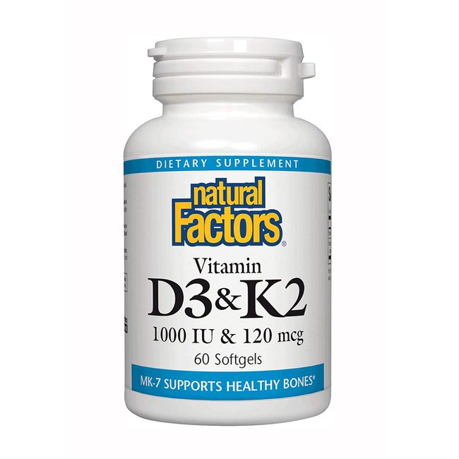 Natural Factors Vitamin D3 & K2 1000 IU&120mcg,Bone&Vascular Health,60Softgels