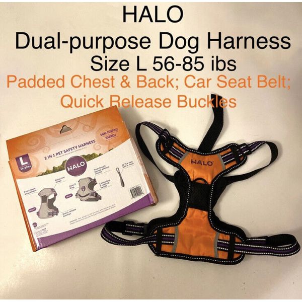 Halo Large Dog Harness Neon Car Seat Belt 2-in-1 Dual Purpose Padded Pet Size Lg