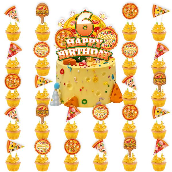 25pcs Pizza 6th Birthday Party Supplies, Pizza Night Cupcake Food Picks Decorations, Pizza Theme Happy Birthday Cupcake Toppers Baby Shower Kids Decoration (6th)