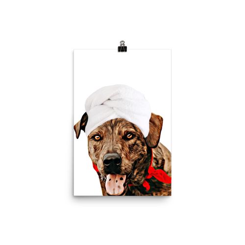 Funny Brindle Mountain Cur Wall Art Poster 12x18 Inches Unframed - Cute Pet Towel Head Design Bathroom Decor Print - Gifts for Dog Lovers