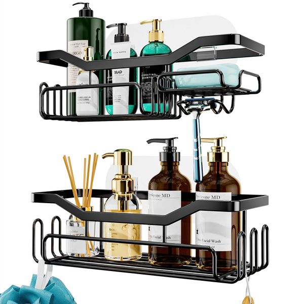 HapiRm Storage Shower Shelves, Shower Caddy organiser with 11 Hooks, Shelf with Razor Holder,Soap Dish,Towel Hook Bathroom Accessories Black,3 Sticker,2 pcs