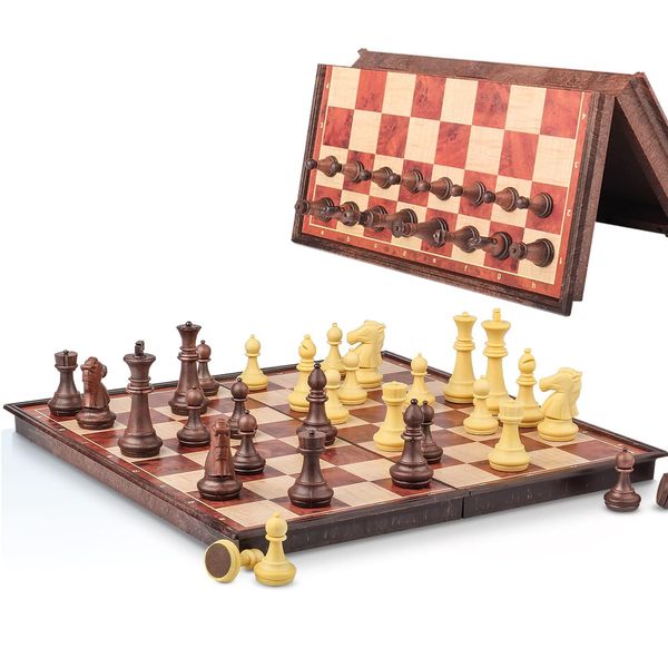 SIMPLEWIN 7.87 Inch Mini Magnetic Travel Chess Set, Walnut-Style - Small Portable Pocket Folding Chess Board Games, Ideal for Travel and Gifts