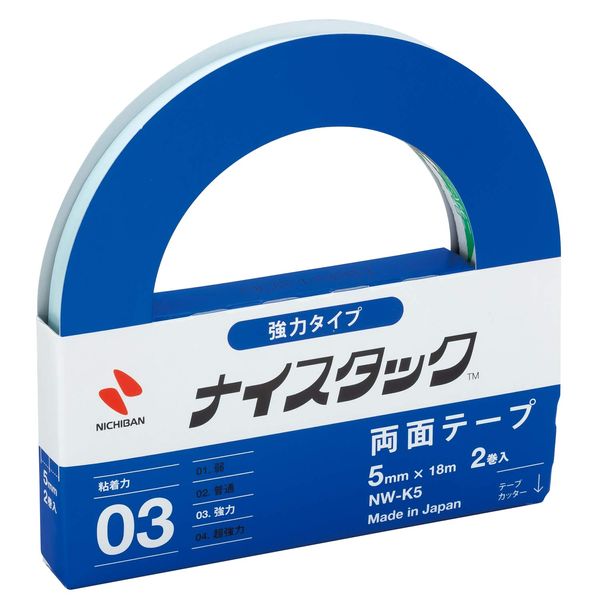 Nichiban NW-K5 Double-Sided Tape Nystack (Strong), 2 Rolls, 0.2 inches (5 mm) x 69.4 ft (18 m)