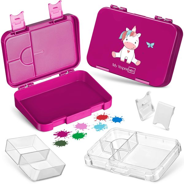 My Vesperbox – Len - Bento Box Kinder - Lunchbox mit 4+2 Fächern - extrem robust – Brotdose – Brotbox ideal für Kindergarten und Schule… (Lila - Einhorn sitzend)