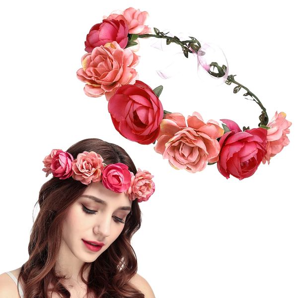 AEGYPIUS Pink Rose Flower Crown Headband for Women - Handmade Floral Hair Wreath - Handmade Flower Headband Floral Headpiece