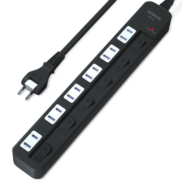 SAYBOUR Power Strip, Lightning Guard, Eligible Invoice Issue, No Light, Individual Switch, Power Saving Tap, 6 Outlets, Extension Cord, Stylish, Energy Saving, AC Outlet, PSE Certified (3.3 ft (1 m), Black