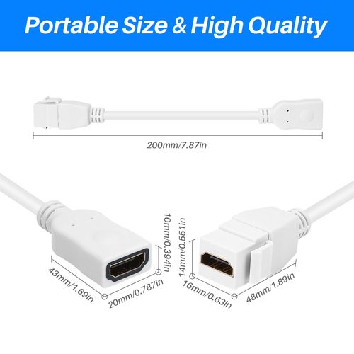 2-Pack HDMI Keystone Jack Adapter Cable 0.6 Feet, Female to Female HDMI Keystone Wall Plate Pigtail Cable Video Extension Cord Coupler Snap-in Gold-Plated Connector Support 3D, 4K@60Hz (White)