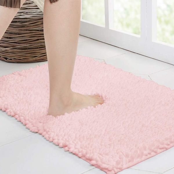 Walensee Bathroom Rug Non Slip Bath Mat (24x17 Inch Blush) Water Absorbent Super Soft Shaggy Chenille Machine Washable Dry Extra Thick Perfect Absorbant Best Small Plush Carpet for Shower Floor