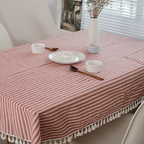 meioro Tablecloths Striped Tassel Table Cloth Rectangular Tablecloth Cotton Linen Table Cover Suitable for Home Kitchen Decoration (Red/White Stripes, 130×180cm)