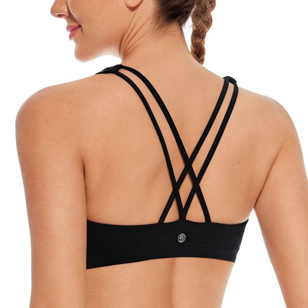 CRZ YOGA Women's Low Impact Strappy Sports Bra - Low Cut Wirefree Padded Yoga Bra Criss Cross Back Black Large