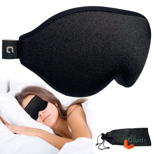 Gludr Sleep Eye Mask Memory Foam | Contoured Blackout 100% Light Blocking Soft & Comfortable Material for Sleep/Nap/Travel & Camping, Includes Travel Pouch & Ear Plugs