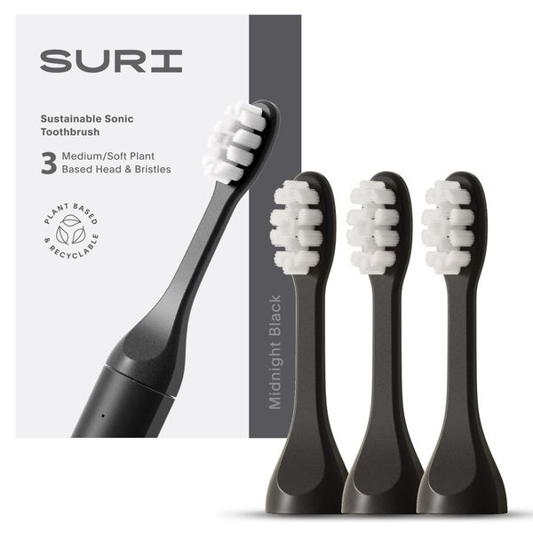 SURI Recyclable Plant-Based, Electric Toothbrush Heads - Built-in Tongue Scraper, Long Lasting Replacement Heads | Compatible Only with SURI Sonic Electric Toothbrush - Midnight Black, Pack of 3