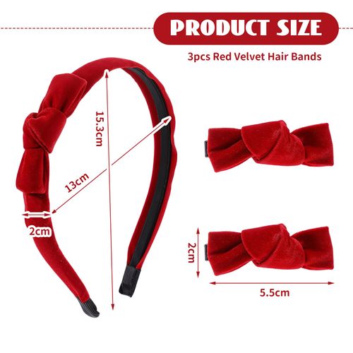 TELAIN 3 Piece Red Velvet Headband And Bow Set, Elegant Hair Accessories With Alligator Clips, Comfortable And Versatile For Stylish Looks