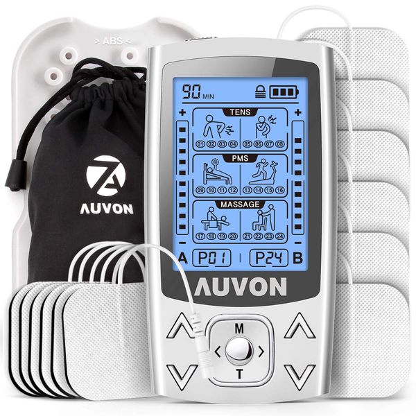 AUVON Dual Channel TENS EMS Unit 24 Modes Muscle Stimulator for Pain Relief, Rechargeable TENS Machine Massager with 12 Pads, ABS Pads Holder, USB Charger and Dust-Proof Storage Bag