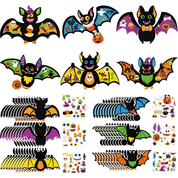 Pajean 48 Packs Halloween Craft Kits for Kids Halloween Bat Craft Kit Make Your Own Bat Craft DIY Halloween Craft Stickers Ornament DIY Arts and Crafts for Kids Trick or Treat Classroom Activities