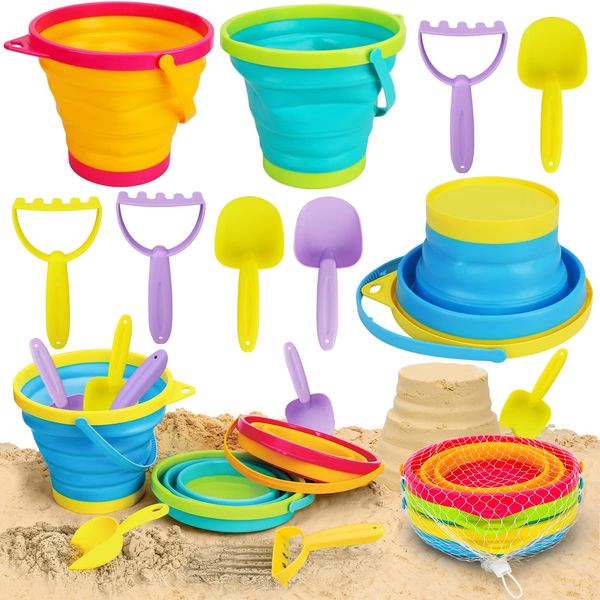 TOY Life Collapsible Sand Toys for Toddlers 1-3, 3 Packs Collapsible Buckets with Shovels, Collapsible Beach Toys for Kids Ages 4-8 8-12, Foldable Buckets, Toddler Beach Toys, Sandbox Toys for Kids