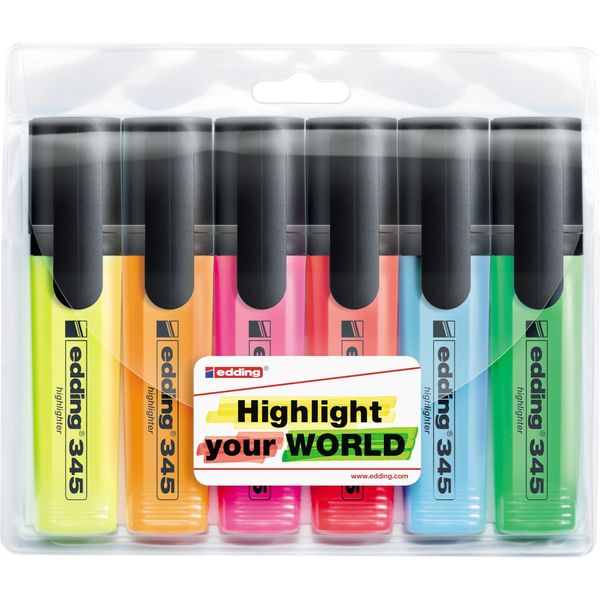 edding 345 highlighter - set of 6 - chisel nib 2-5 mm - ideal for bright markings and highlighting text passages and notes