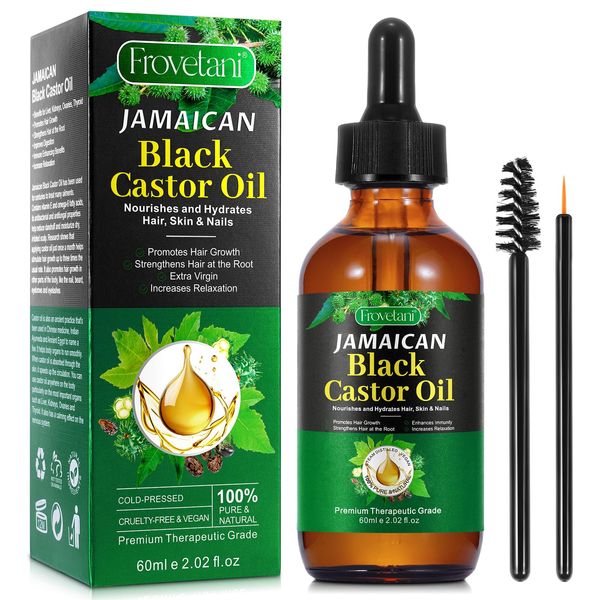 Jamaican Black Castor Oil, Organic Castor Oil for Hair Growth, Cold Press Unrefined, Thicker Eyelashes and Eyebrows, Massage Oil for Aromatherapy 60ML