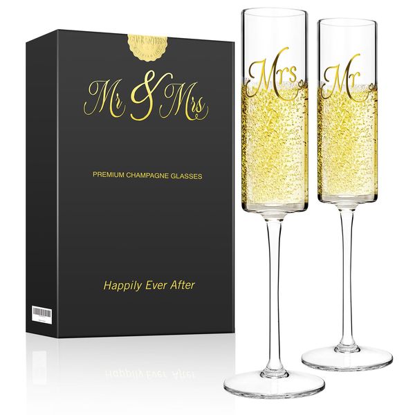 Engagement Gifts for Couples, Mr and Mrs Champagne Flutes,Bridal Shower Gift, Bride and Groom Toasting Glass, Personalized Champagne Glasses 7oz, Cute Unique Wedding Gift for Anniversary