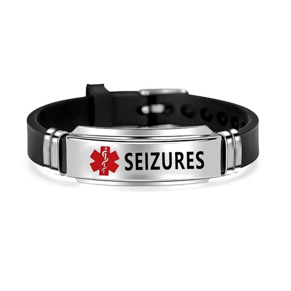 NanMuc Red Medical Alert ID SEIZURES Bracelet Emergency First Aid Laser Engraved Health Alert Adjustable Silicone Wristband Bracelet