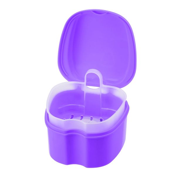 Denture Soaking Cup Dental Retainer Case Cleaning with Strainer Basket, Orthodontic Bath Box Mouthguard Storage Holder - Leak Proof and Lid Waterproof - Purple