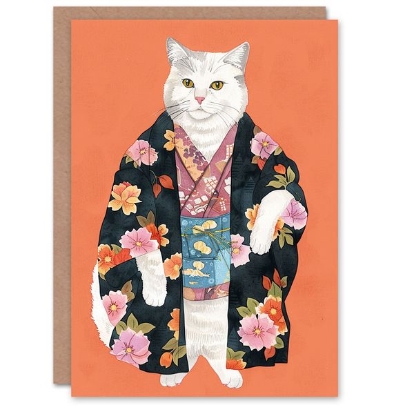 White Cat Lover Pet in Floral Japanese Kimono Birthday Card