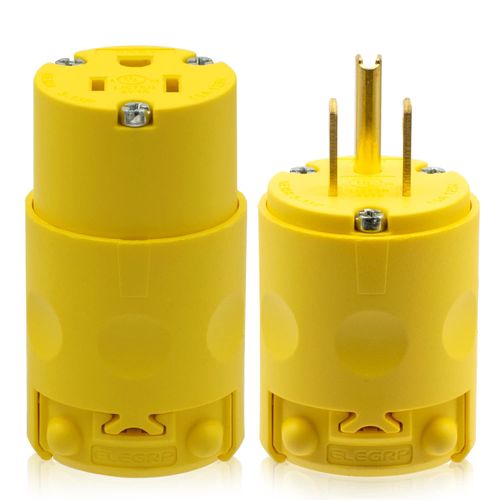 ELEGRP Straight Blade Electrical Plug and Connector Set 15 Amp 125 Volt NEMA 5-15P NEMA 5-15R 2 Pole 3 Wire Grounding, Commercial Grade, Yellow, 1 Set