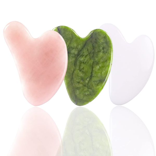 Gua Sha a Forma Cuore 3 pezzi Set 1 pezzo Pietra Giada Massaggio Viso 1 pezzo Pietra Quarzo Rosa Guasha 1 pezzo Strumento Massaggio Facciale Giada Bianca Gua Sha Strumento Cura Viso Collo Della SPA