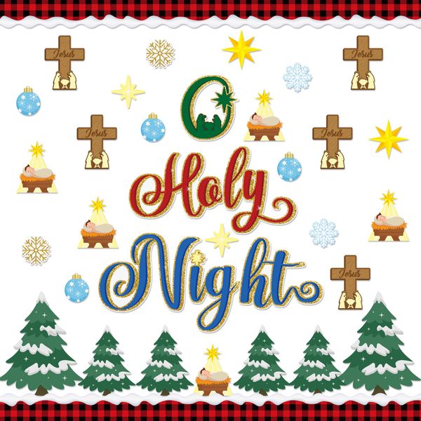 86Pcs Christmas Nativity O Holy Night Bulletin Board Decoration Christmas Trees Cross Cutouts and Snow Plaid Bulletin Borders Christian Religious Sunday Wall Decor for Classroom Preschool Chalkboard