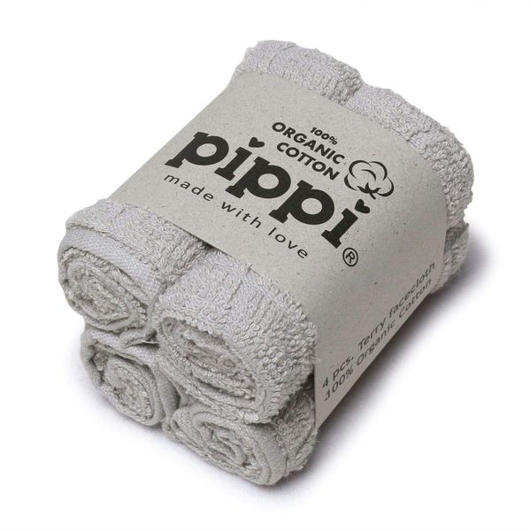 Pippi Face 4-Pack Organic Washing Bath Towel Made of Terry Cloth Light grey