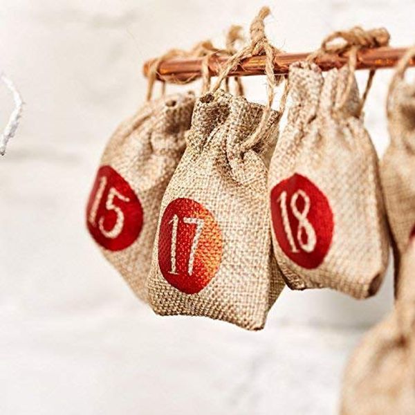 Pushka Home Christmas Advent Calendar Tree Hanging Hessian Sacks (Red)