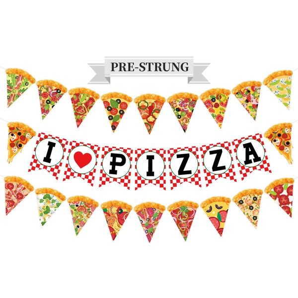 Versatile Pizza Party Banner – Pack of 3, Pre-Strung, with Pizza Slices & I LOVE PIZZA Letters, Perfect for Any Party with Pizza – Birthdays, Dorm Parties, Game Nights & Office Celebrations