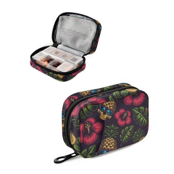 Moyyo Pineapple and Skulls Weekly Pill Organiser 7 Day Pill Box with Bag, Multiple Pockets Travel Pill Boxes Tablet Box Portable Daily Medication Organizer Dosette Box for Vitamin Supplement