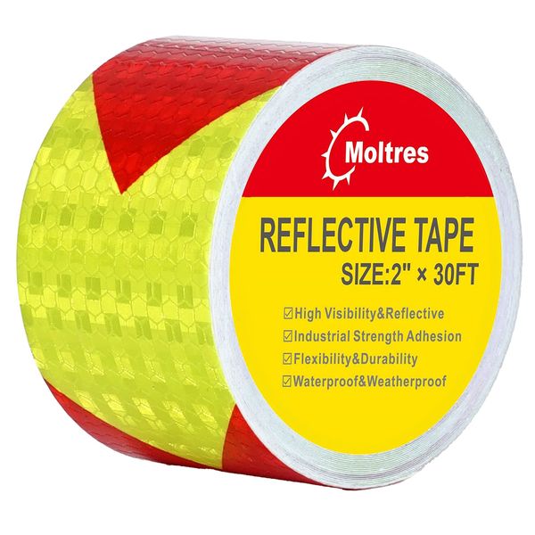 MOLTRES Waterproof Reflective Tape,Red & Yellow 2inch X 30Feet Conspicuity Adhesive Safety Tape,High Visibility Arrow Hazard Warning Reflector Tapes for Trucks Trailer Vehicle Outdoor Signs